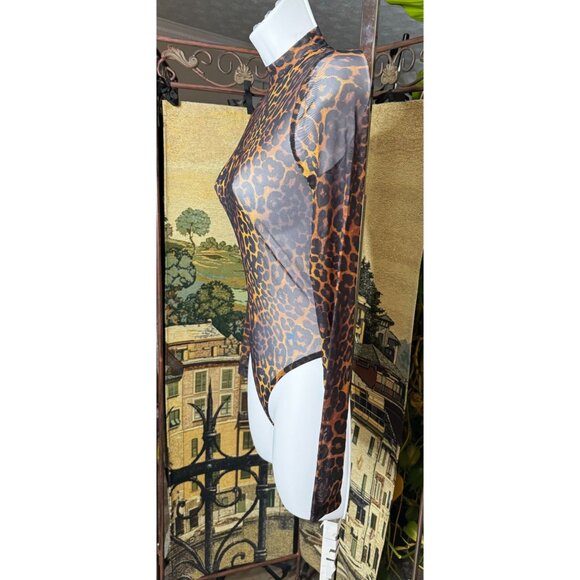 Bershka Leopard Print Mesh Bodysuit Long Sleeve High Neck - Picture 3 of 12